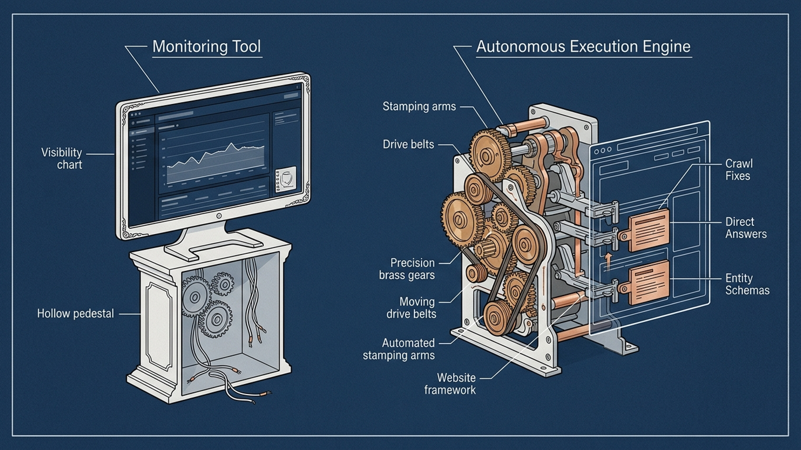 Cutaway diagram contrasting a monitoring dashboard with an execution engine deploying site fixes.