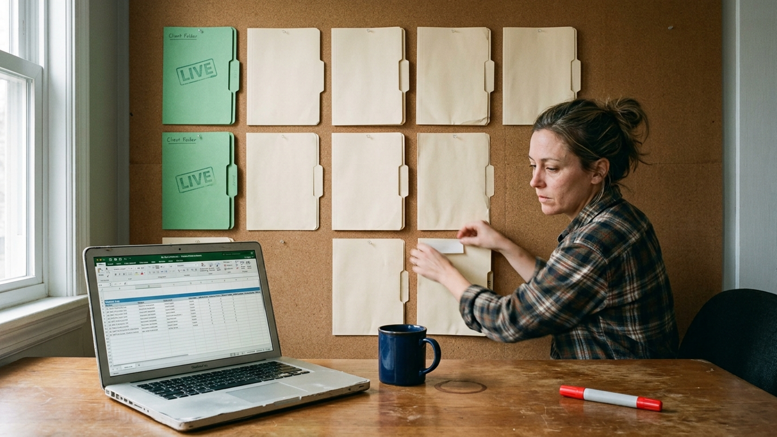 Account manager reviewing ten client domains on a wall chart, three marked live