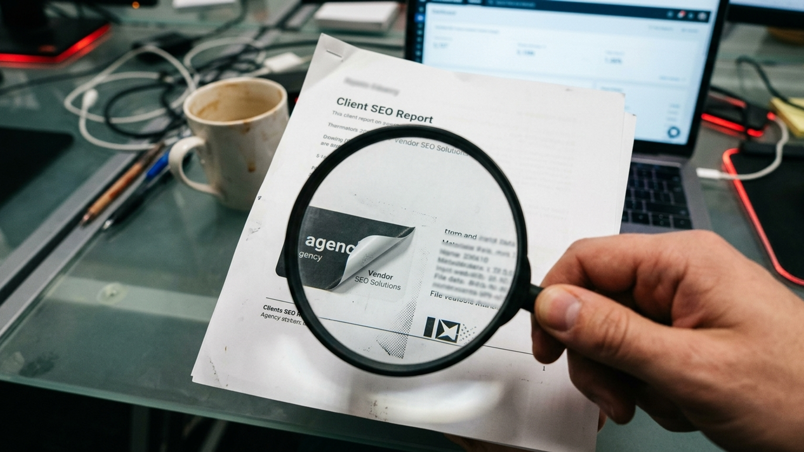 Client report with an agency sticker covering the vendor logo