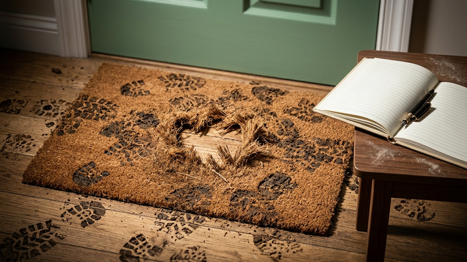 A welcome mat worn through by countless muddy footprints beside an open guestbook with blank pages: many visitors, none signing your name.