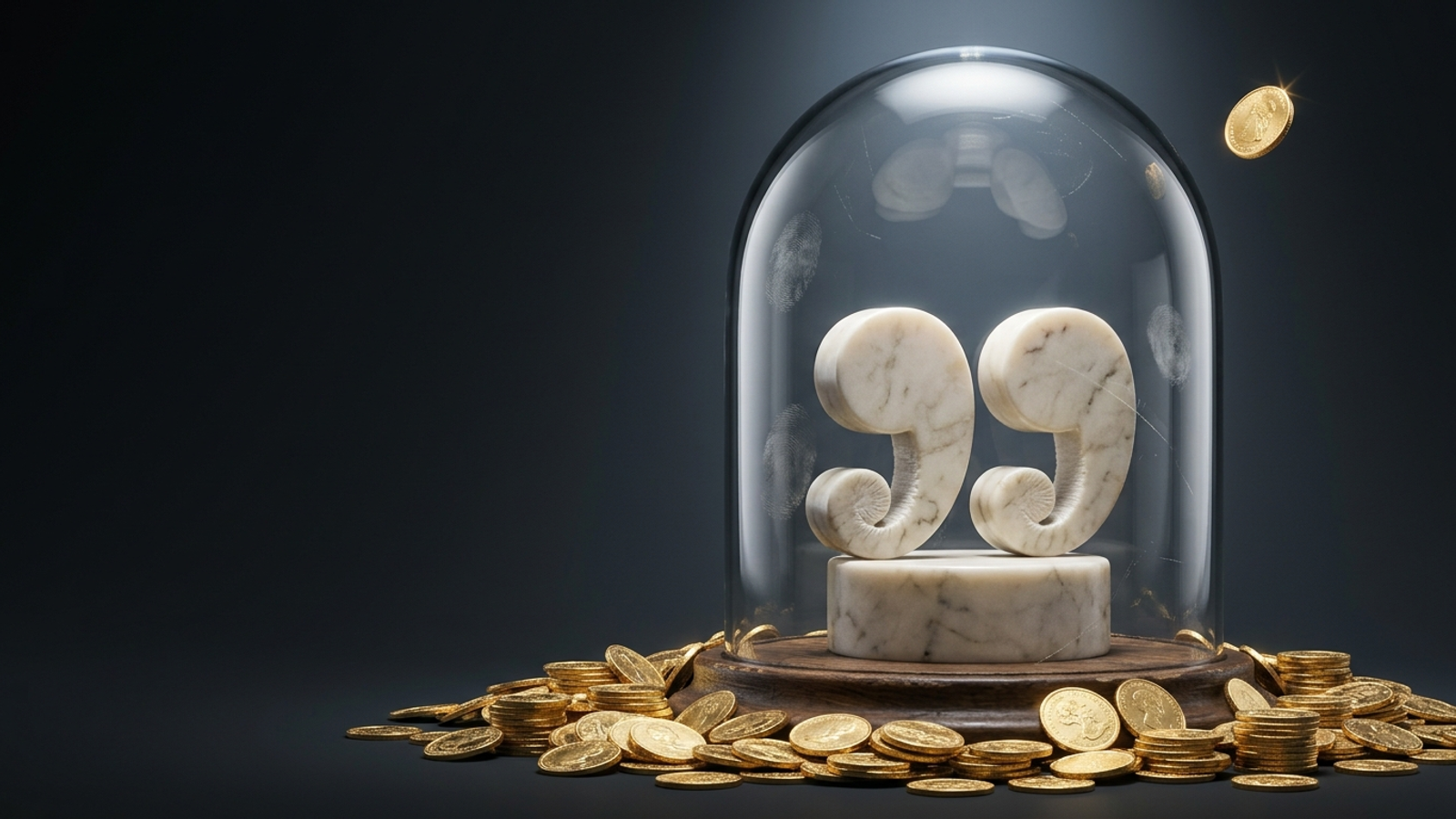 Marble quotation marks sealed under a glass cloche while gold coins pile up outside it: money can't buy a place in the quoted answer.