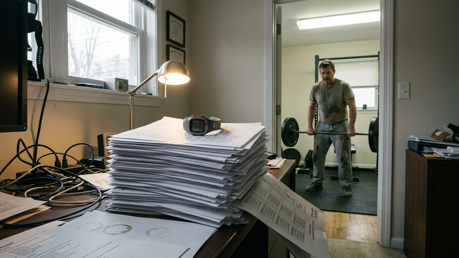 A cheap fitness tracker on unread workout plans beside a trainer lifting weights