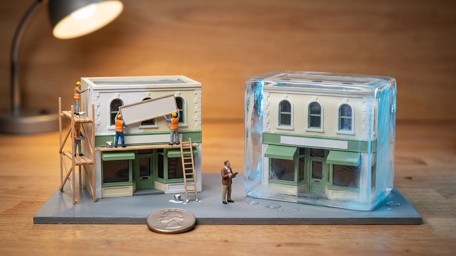 A tabletop model of twin shops: tiny workers renovate one while its identical partner sits frozen in ice, a split test with an untouched control.
