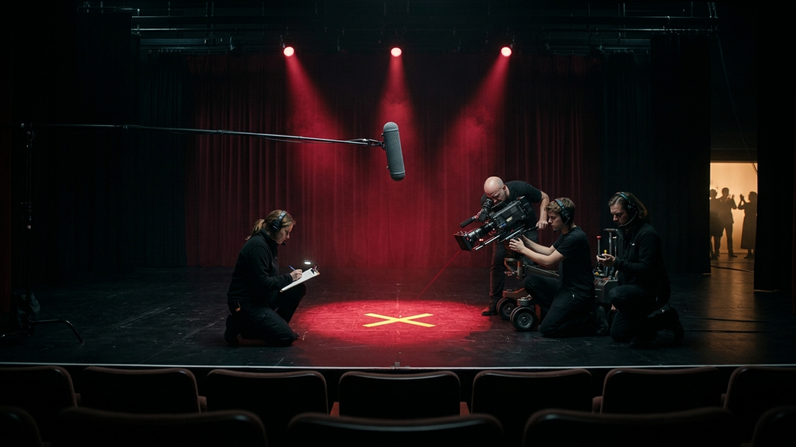 A theatre crew aims spotlights, a camera and a laser at an empty taped X on stage, carefully measuring a star who isn't there.