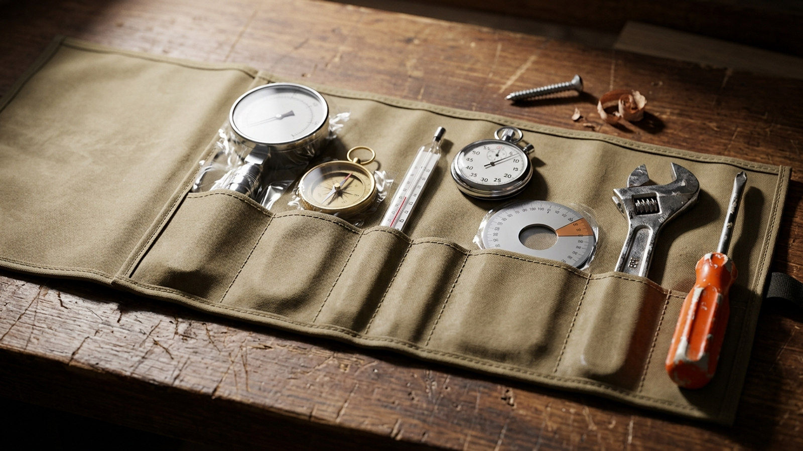 A tool roll with seven pockets: five hold shiny, unused measuring gauges, and only two hold a worn wrench and screwdriver that actually fix things.