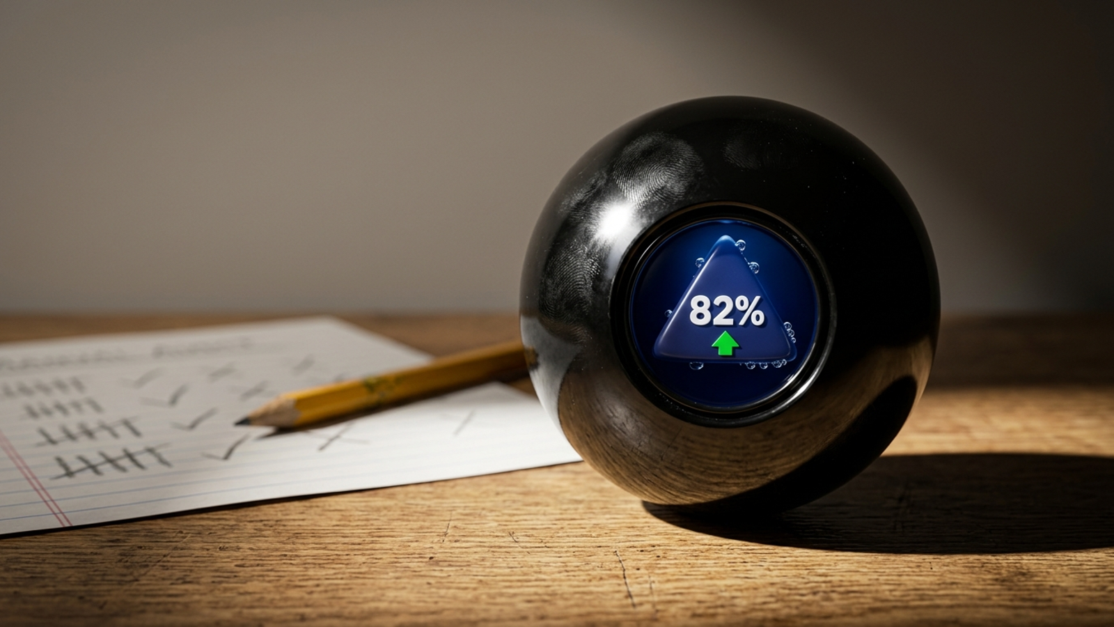 A Magic 8 Ball whose answer reads '82%' with a green arrow, beside a pencilled tally sheet: a vendor score as fortune-telling versus a real audit.
