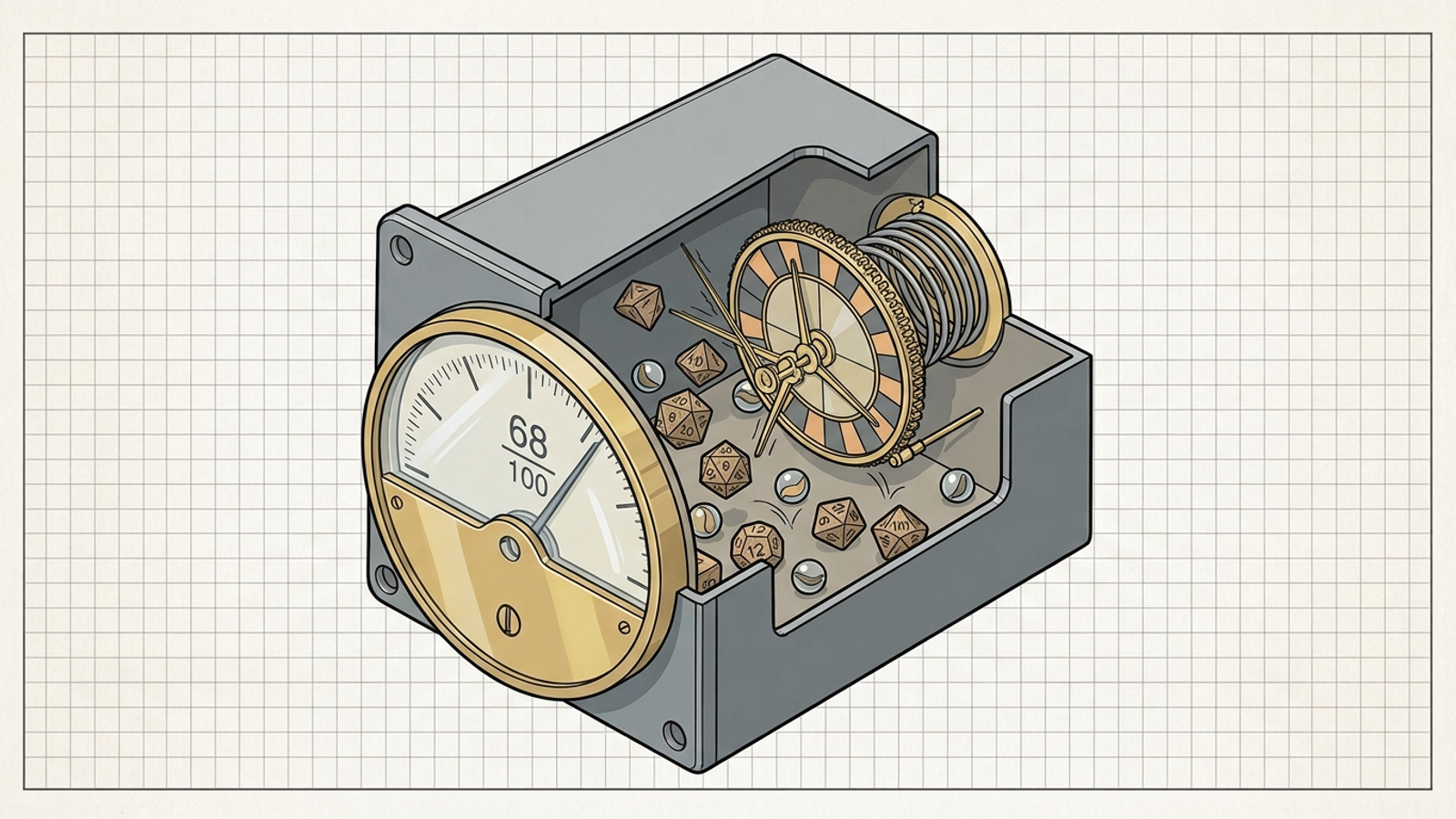 A cutaway visibility-score dial with loose dice and gears behind it.