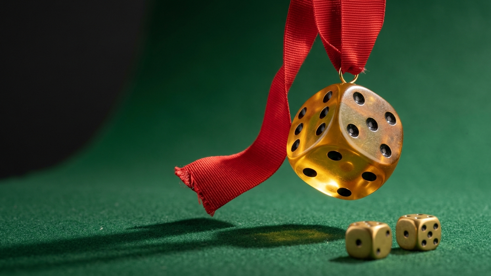 A first-place medal whose gold disc is a die tumbling in mid-air above green felt, suggesting an AI visibility 'rank' is really a roll of chance.