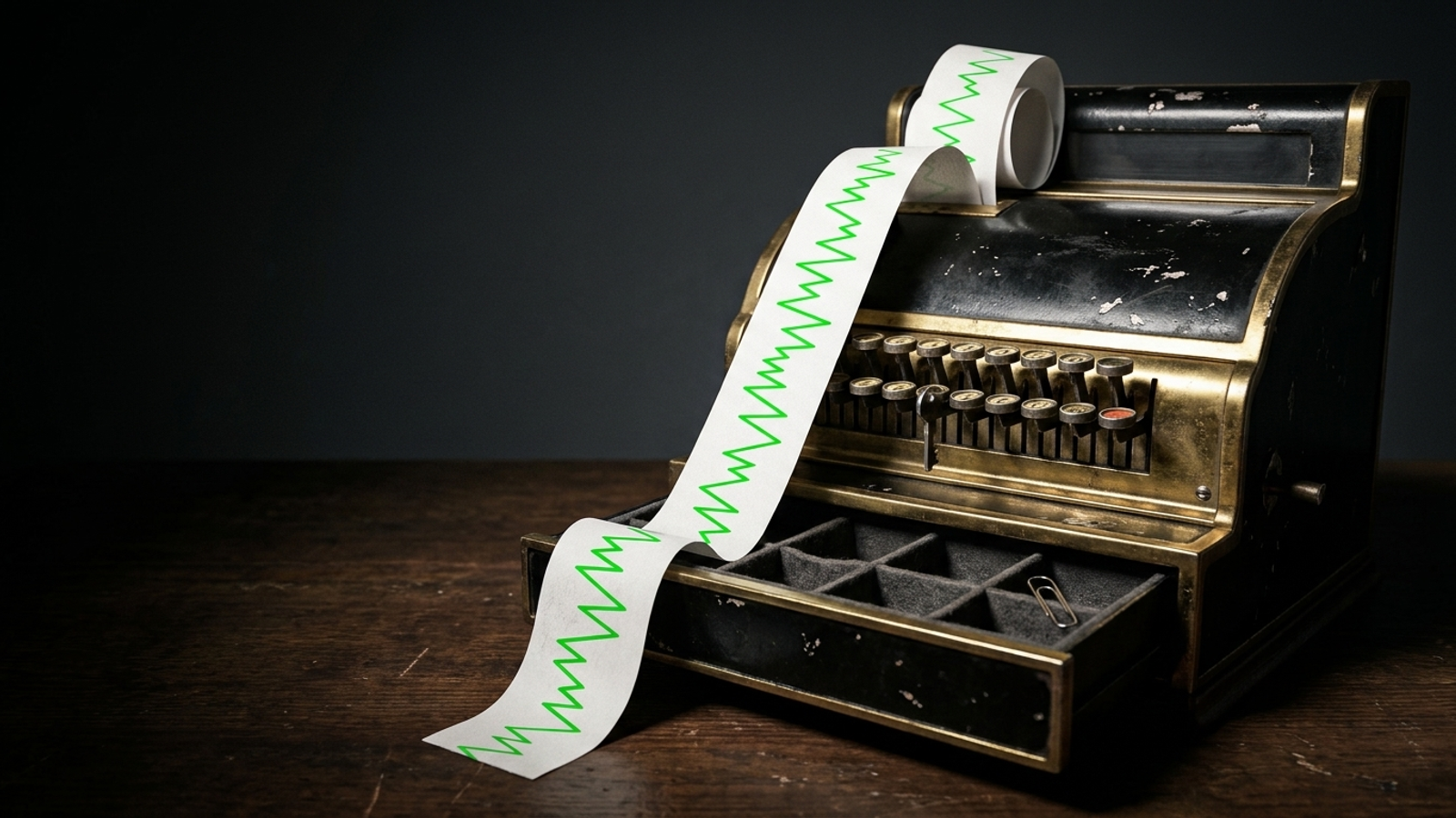 An antique cash register with an empty open drawer prints a long receipt showing only a soaring trend line: plenty of charted activity, no money.