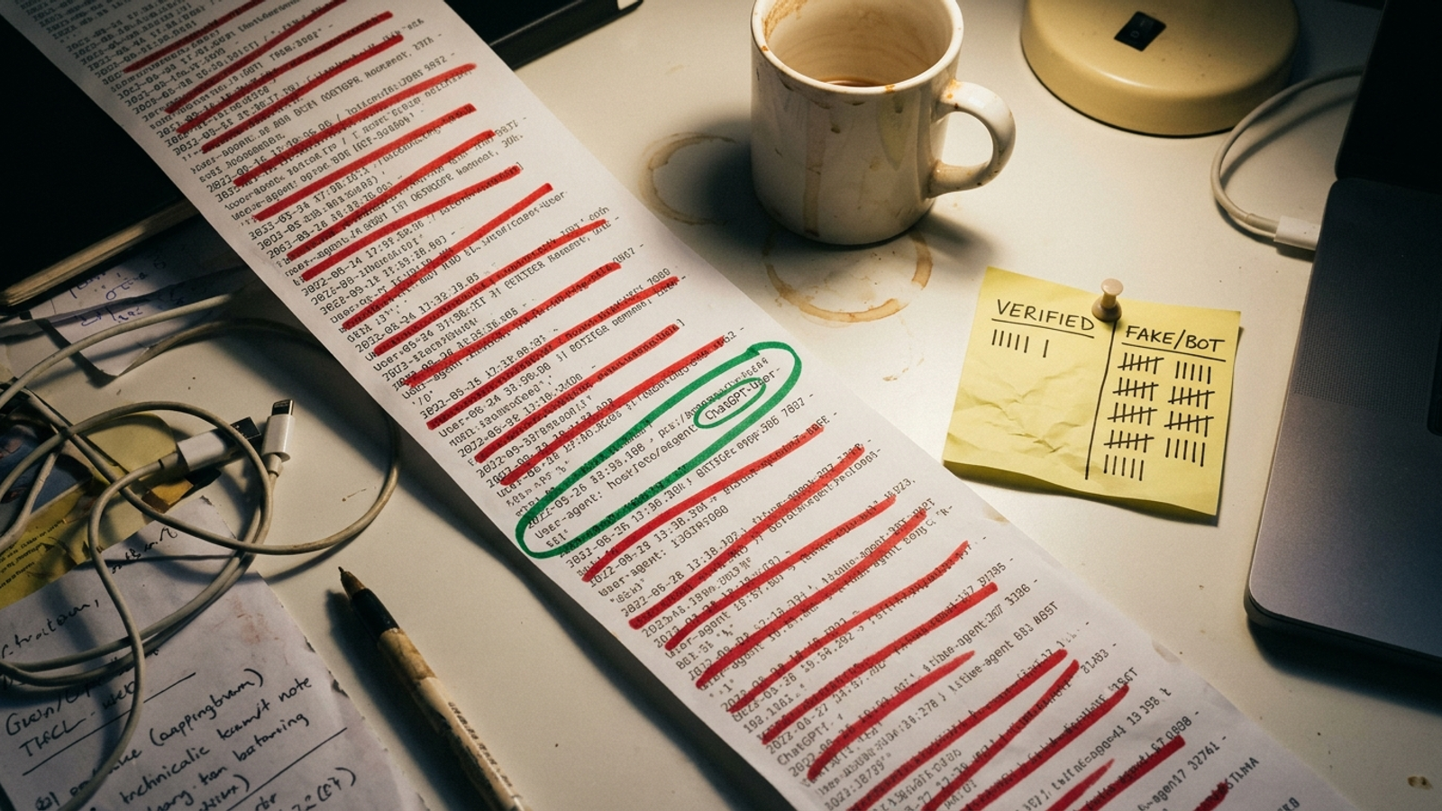 A server log printout with verified fetches circled and unverified requests crossed out