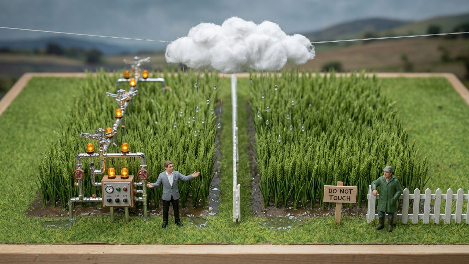 Model farm: a plot with a fancy sprinkler machine and an untouched plot grow identical crops under the same rain cloud, so the weather did the work.