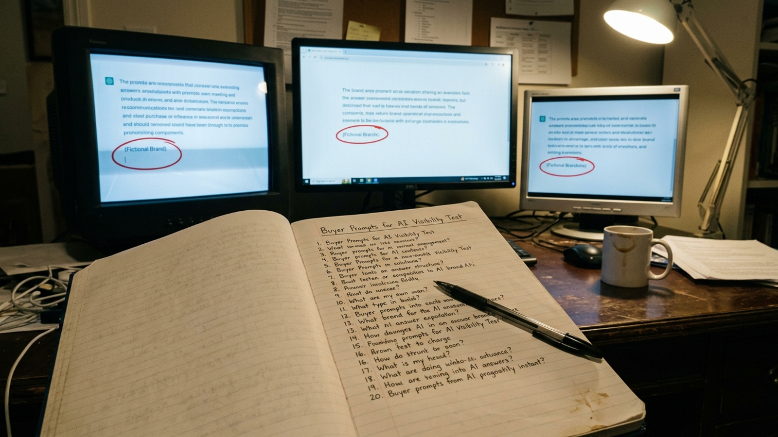 Lab notebook with frozen prompt list beside three AI answer screens showing different brand mentions