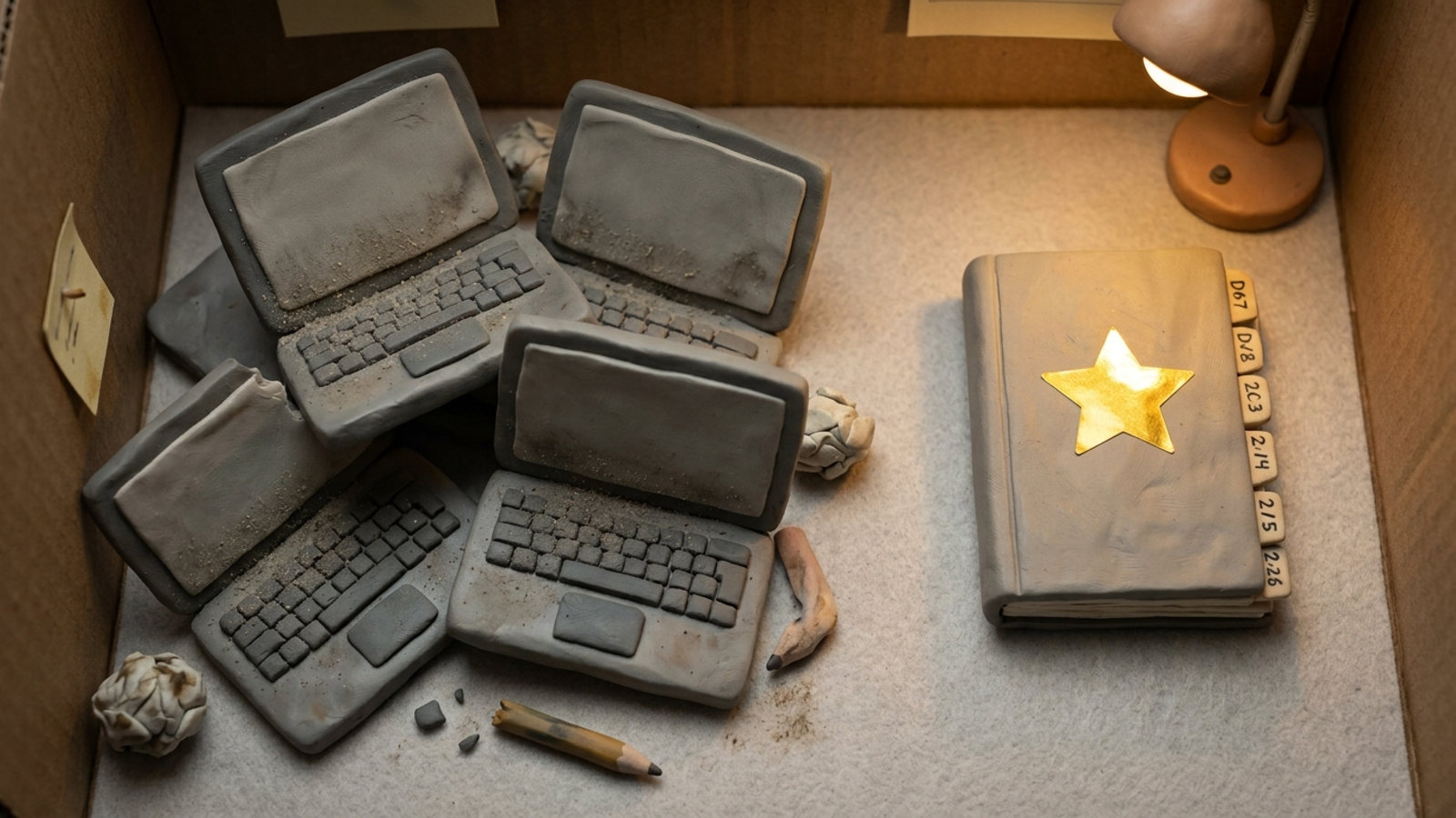 Four similar articles piled on a desk beside one updated logbook