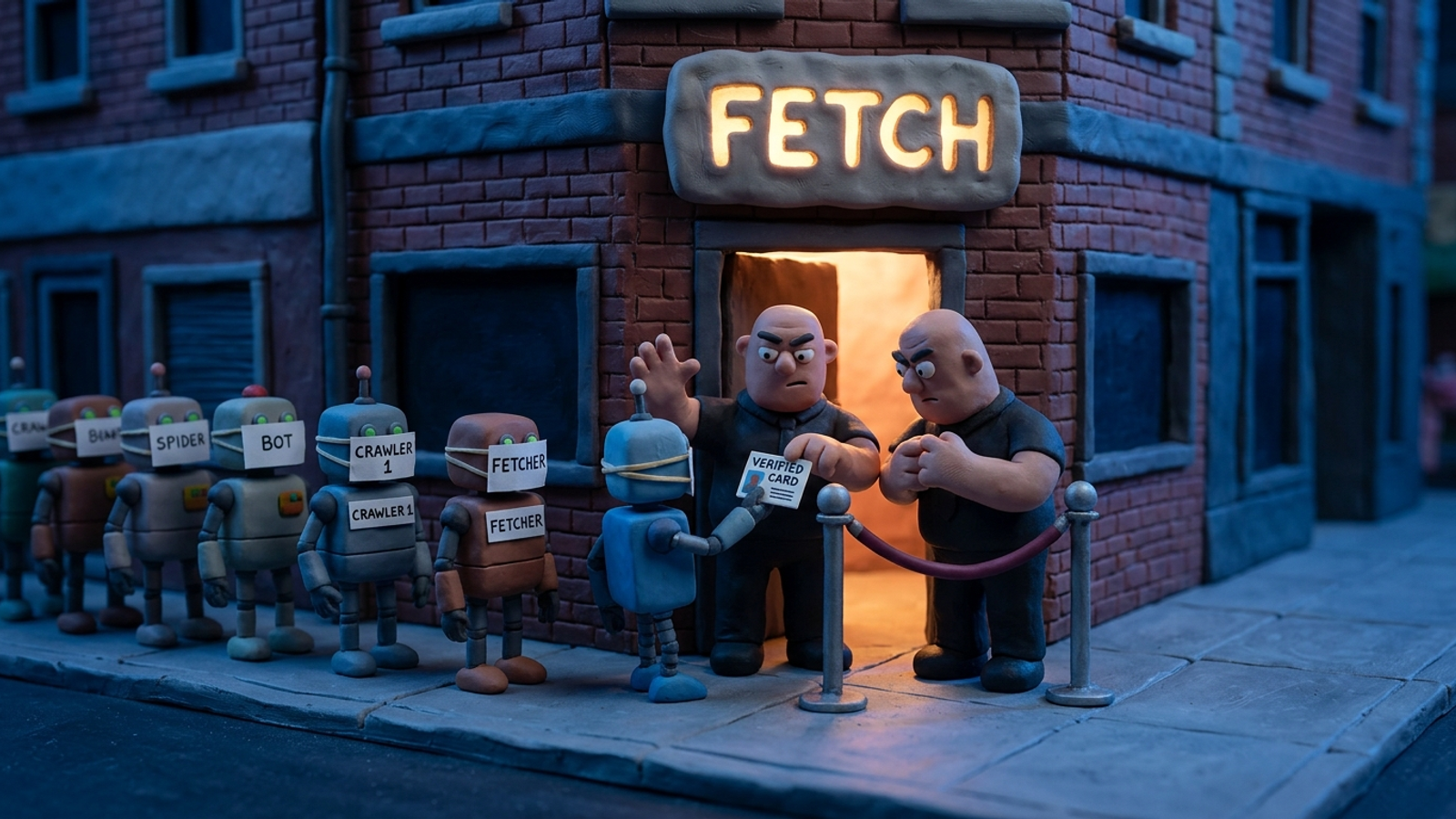 Clay bouncers at a velvet rope blocking crawlers while a verified bot enters
