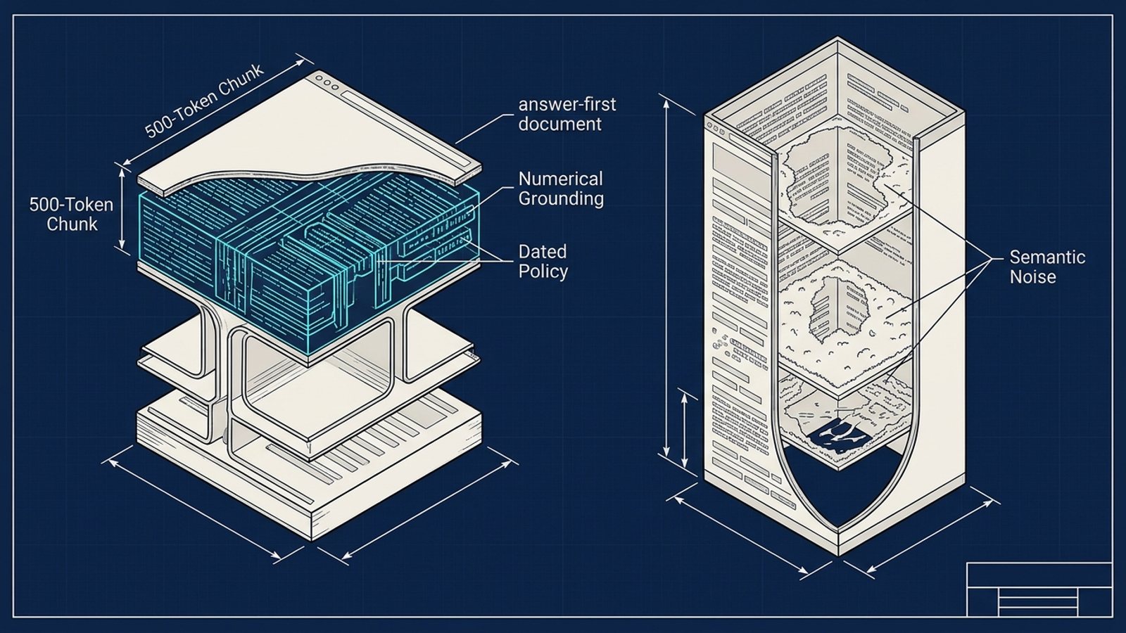 Cutaway diagram contrasting a dated answer block with a broad pillar page.