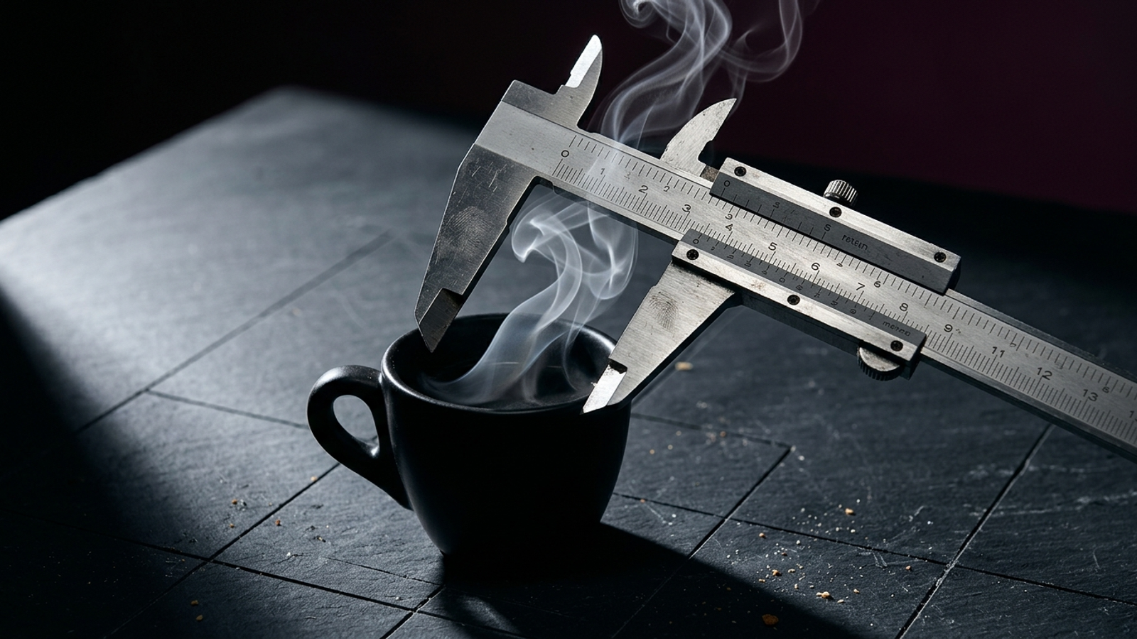 Metal calipers measuring steam rising from an espresso cup.