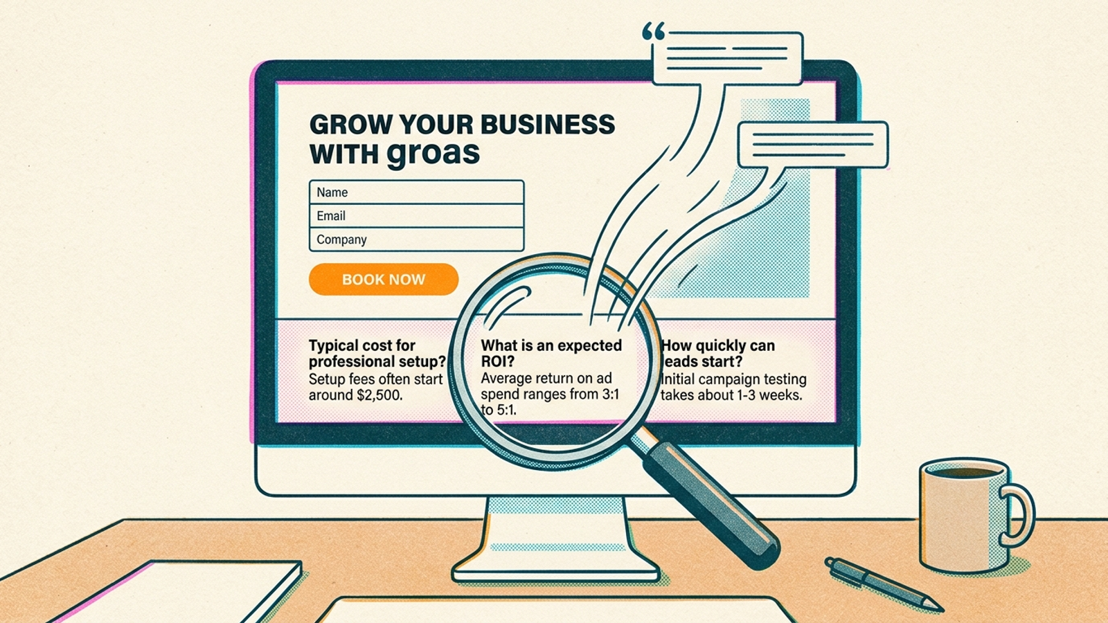Landing page illustration with answer text beneath the signup form