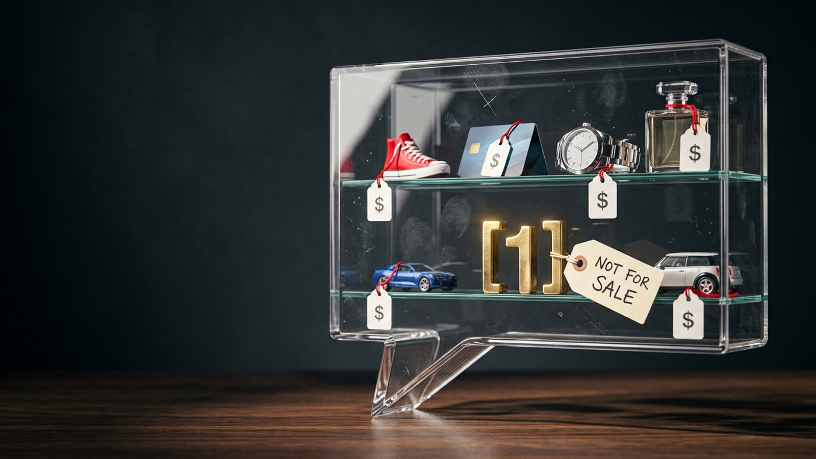 A clear speech bubble packed with price-tagged goods, where one brass '[1]' citation marker carries a tag reading 'NOT FOR SALE'.