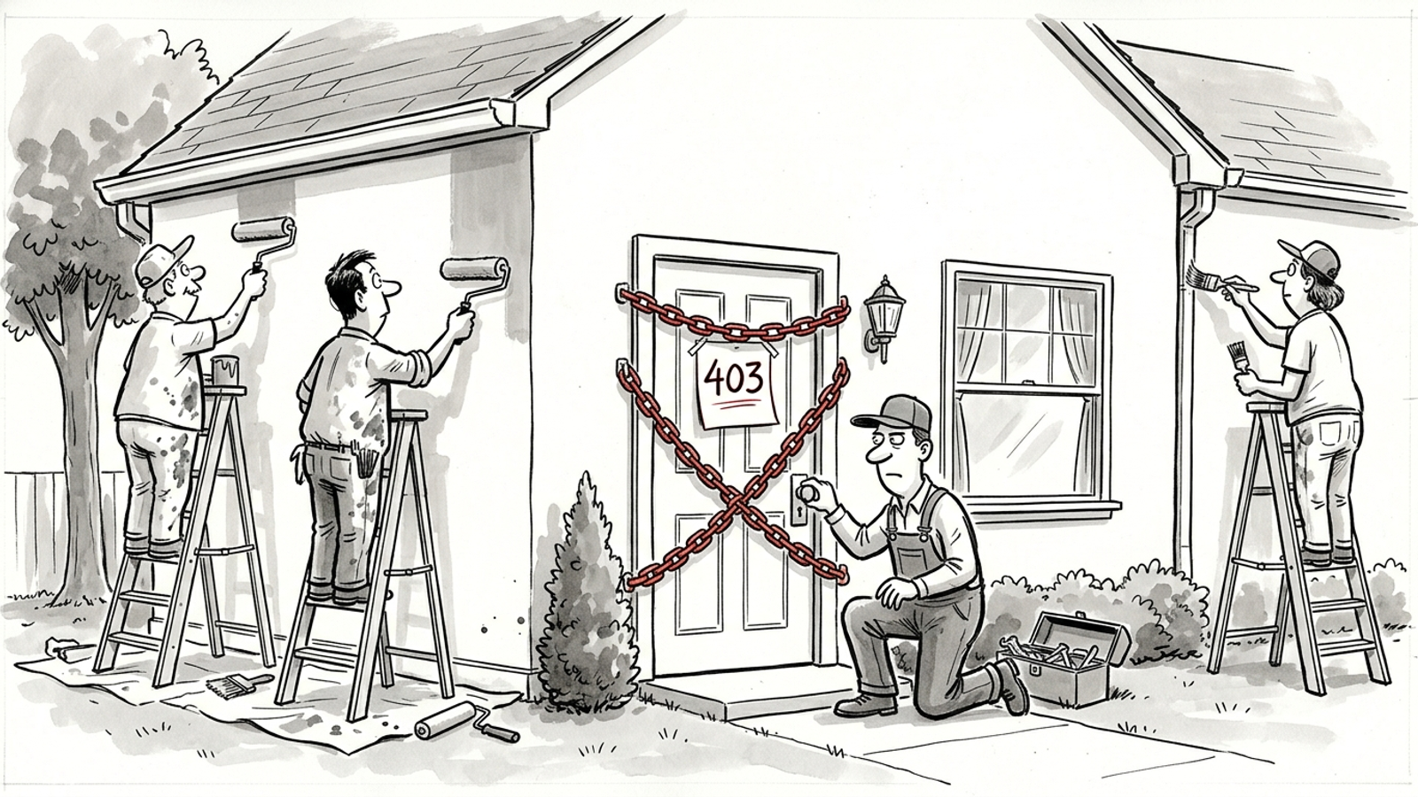 Plumber at a locked front door while painters continue working inside