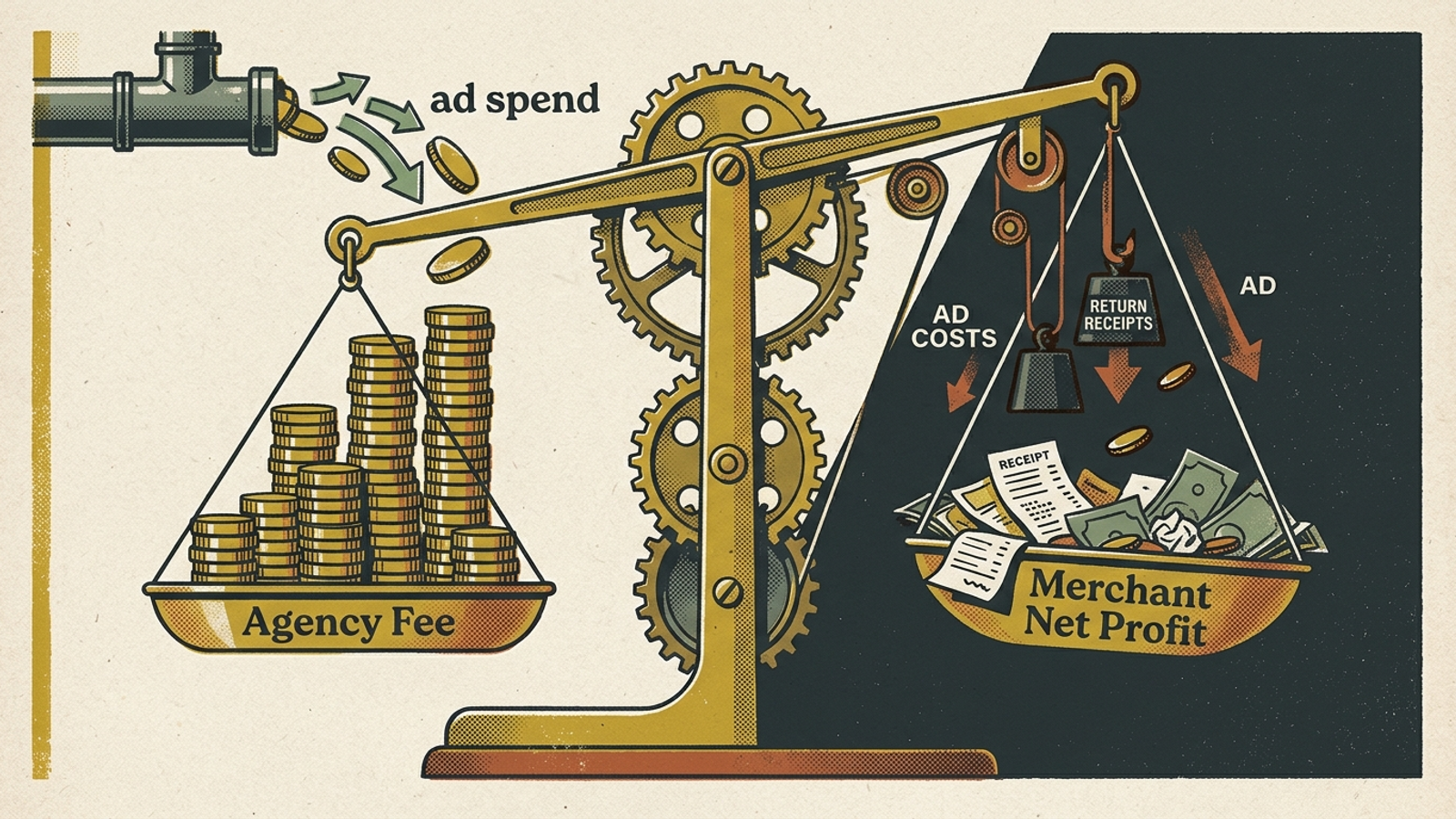 A balance scale with rising agency fees on one side and shrinking merchant profit on the other.