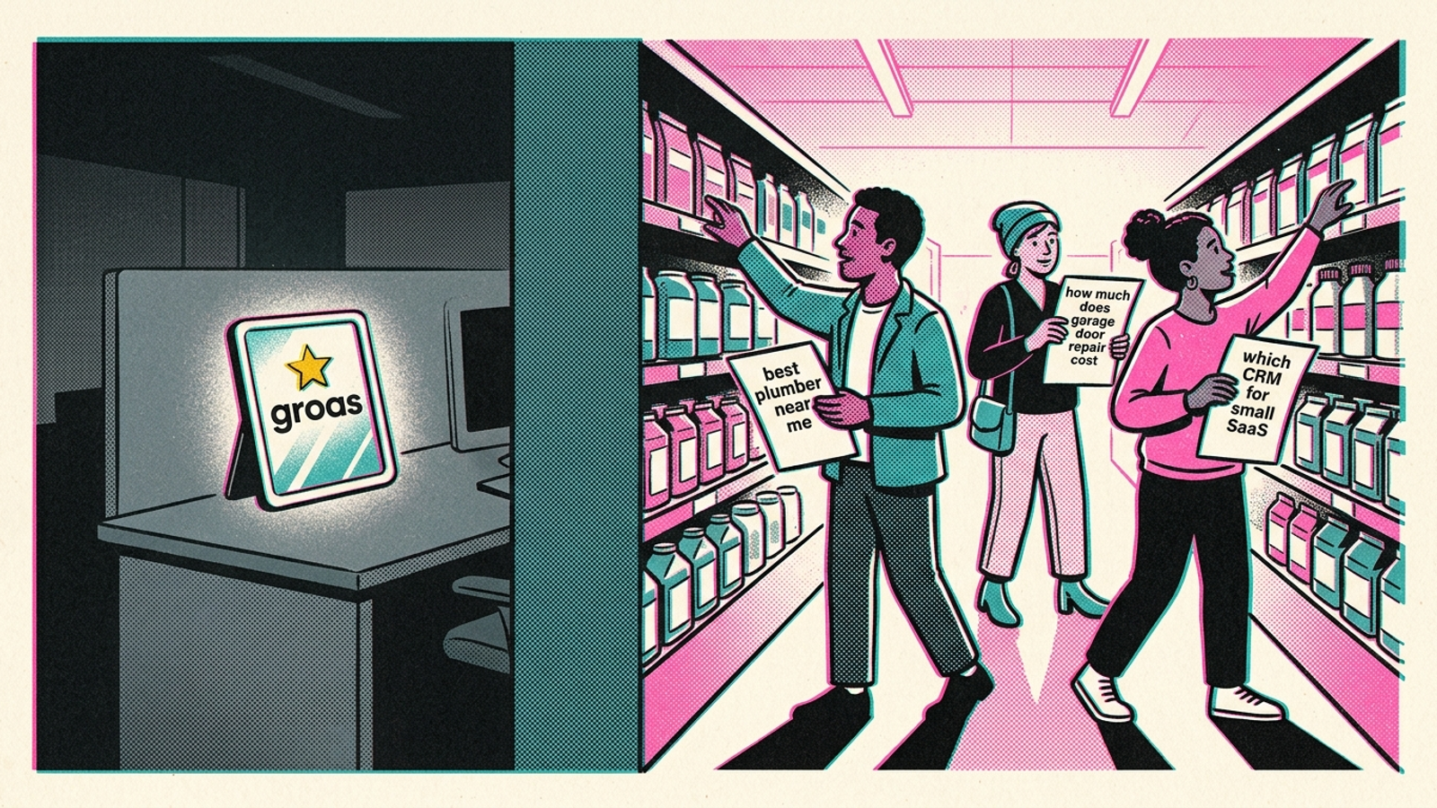 Illustration contrasting a flattering brand prompt with buyer questions asked before the buyer knows the brand