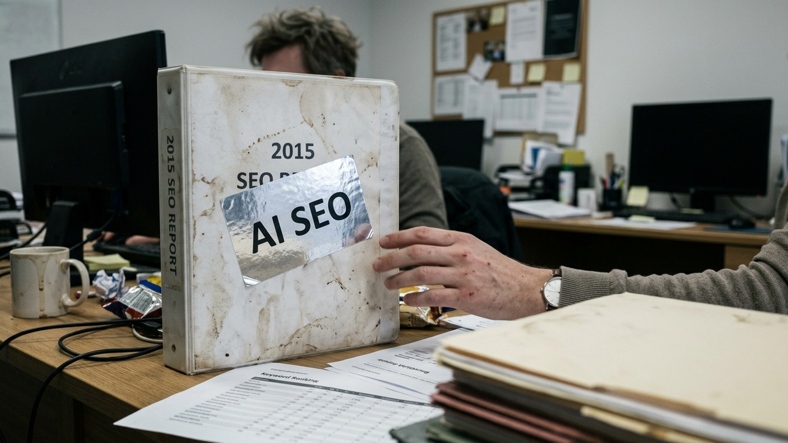 A dusty 2015 SEO report with a fresh AI sticker on its cover