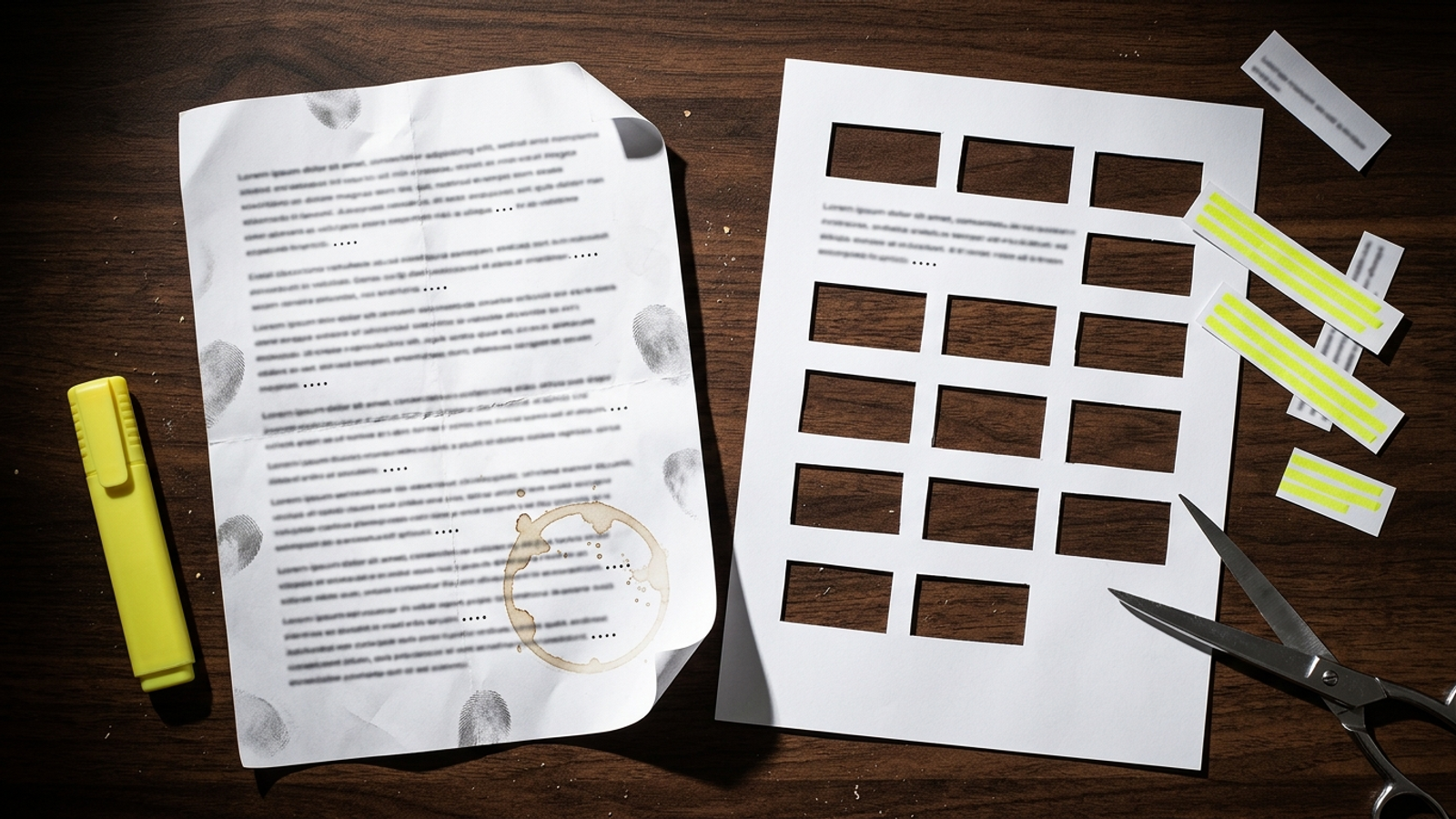 A worn, fingerprinted page lies untouched beside a crisp page full of cut-out holes where passages were snipped: read often versus actually quoted.