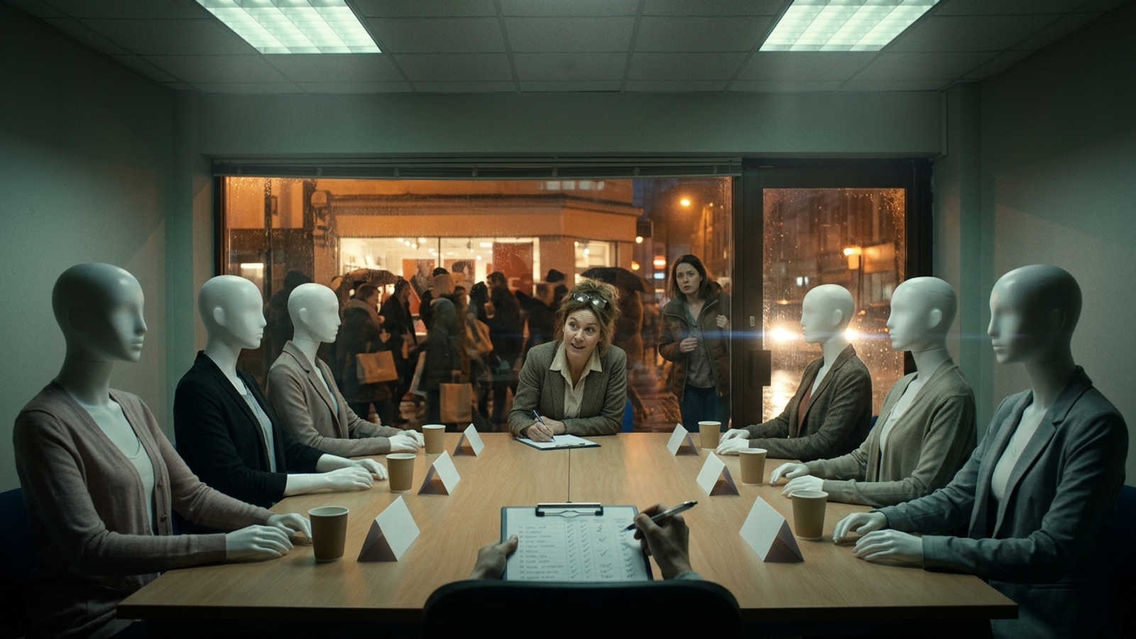 A moderator eagerly surveys a table of blank mannequins while real shoppers pass the window outside, unasked: data from questions no buyer posed.