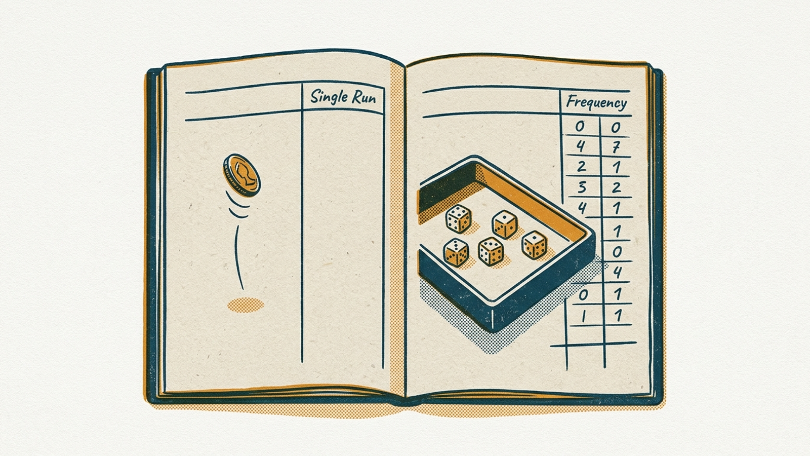 An open laboratory notebook contrasts one coin toss with a tray of rolled dice.
