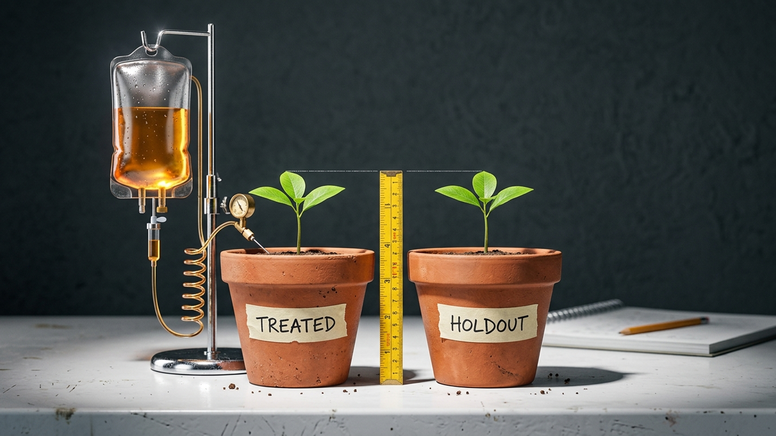 Two matched seedlings, one on an expensive fertilizer drip labeled treated, one untouched holdout, grown to the same height: the paid lift changed nothing.