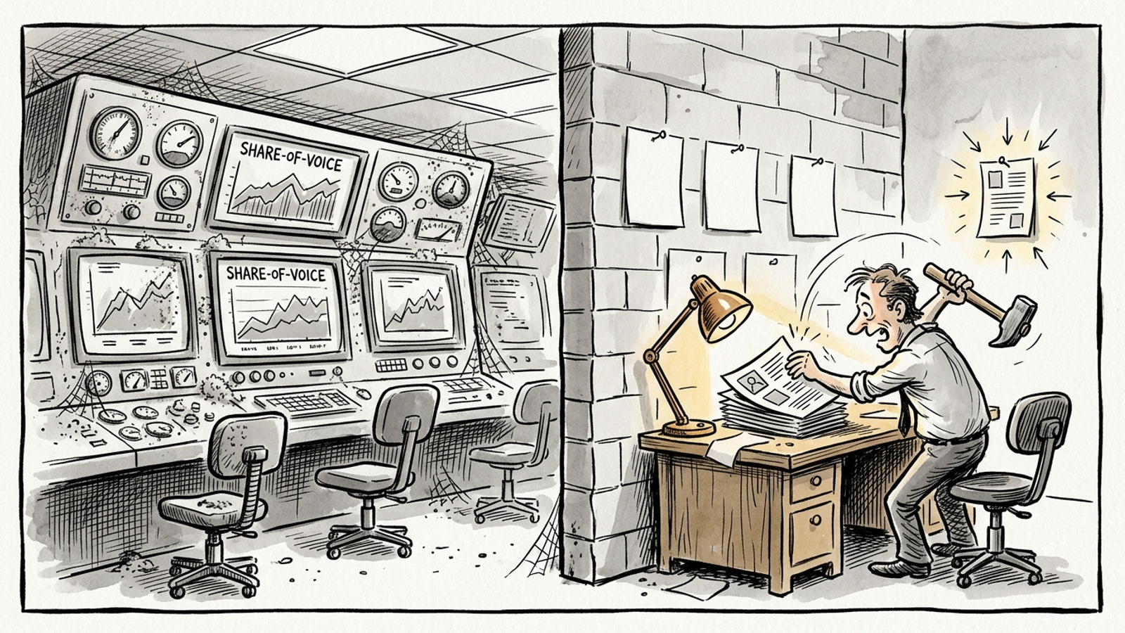 Cartoon dashboard covered in dials beside a worker publishing pages