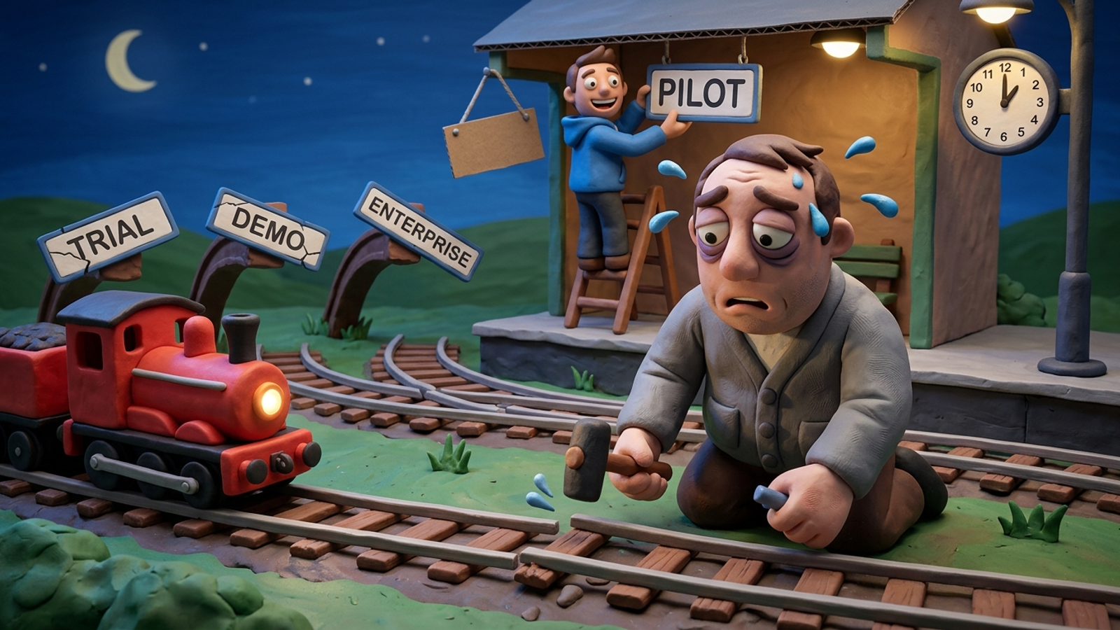 Clay figure frantically lays track ahead of a moving train while a founder hangs a fourth new station sign, past offers abandoned on dead-end spurs.