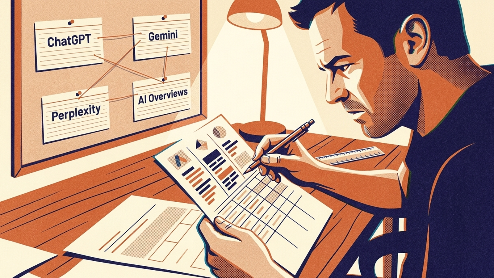 An analyst checks AI prompt outputs against competitor mentions in a measurement ledger.