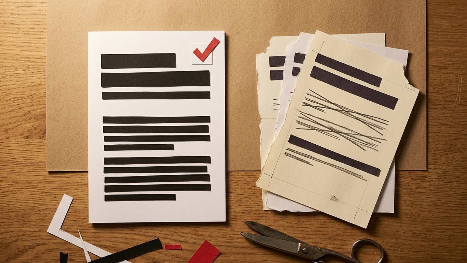 Paper-cut diagram showing one finished page beside three half-edited drafts