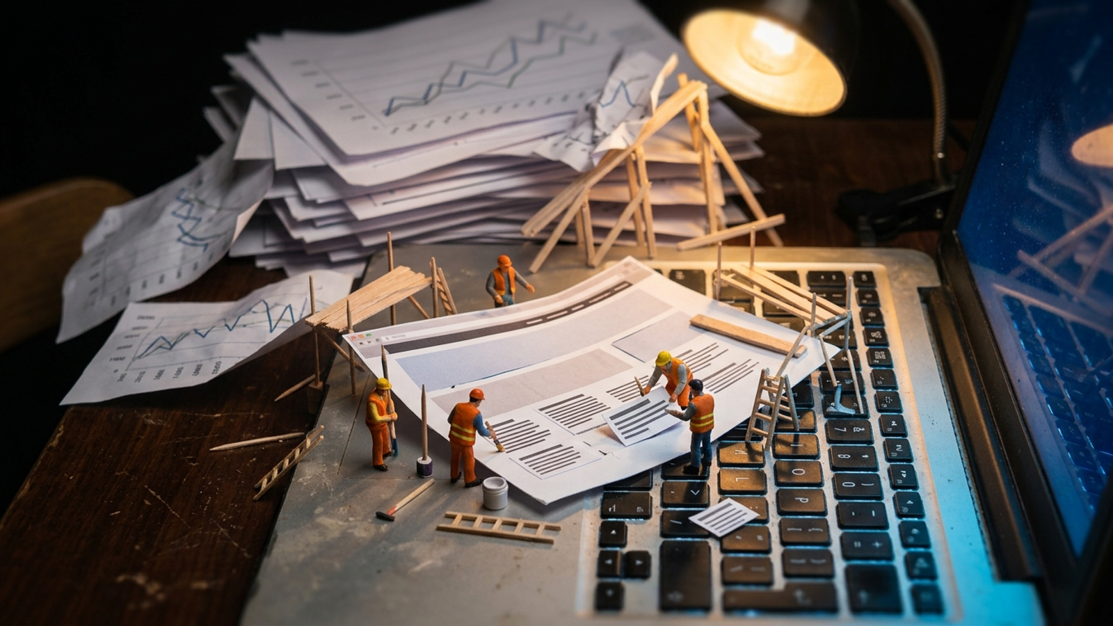 A tiny crew repairs a web page while charts pile up nearby