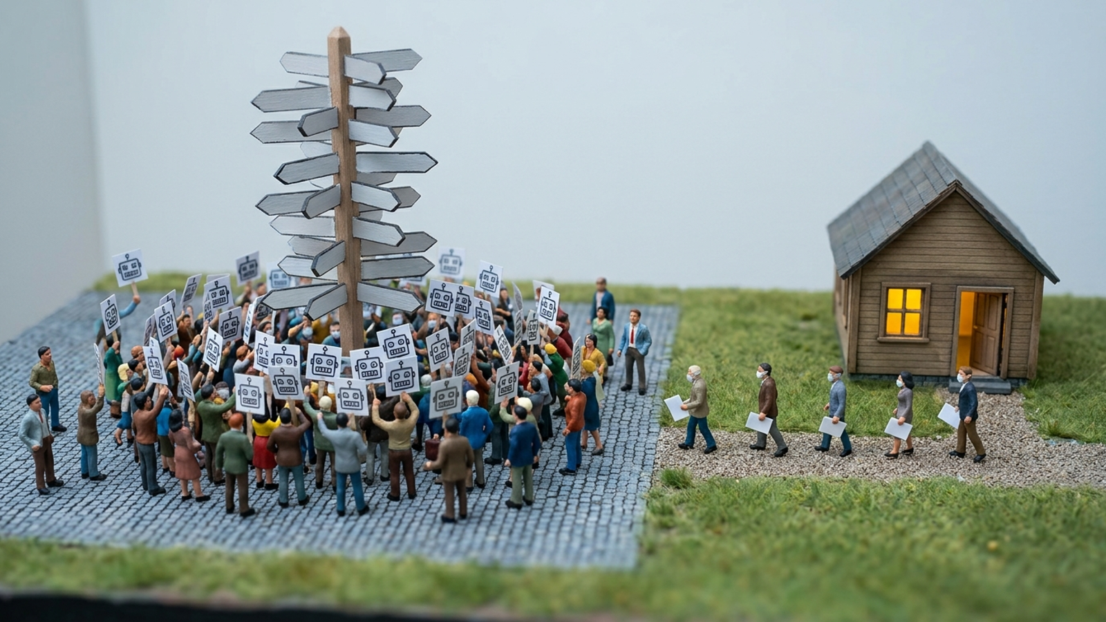 Tiny model crowd in paper robot masks mobs a giant signpost, while a few real figures leave a small lit cottage carrying single pages: busy isn't useful.