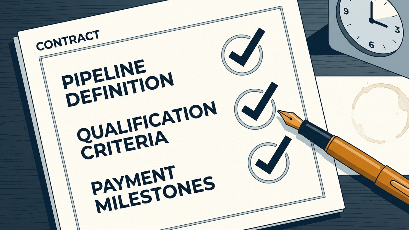 One-page contract checklist showing the qualified definition, sales SLA, and attribution window for pipeline pay