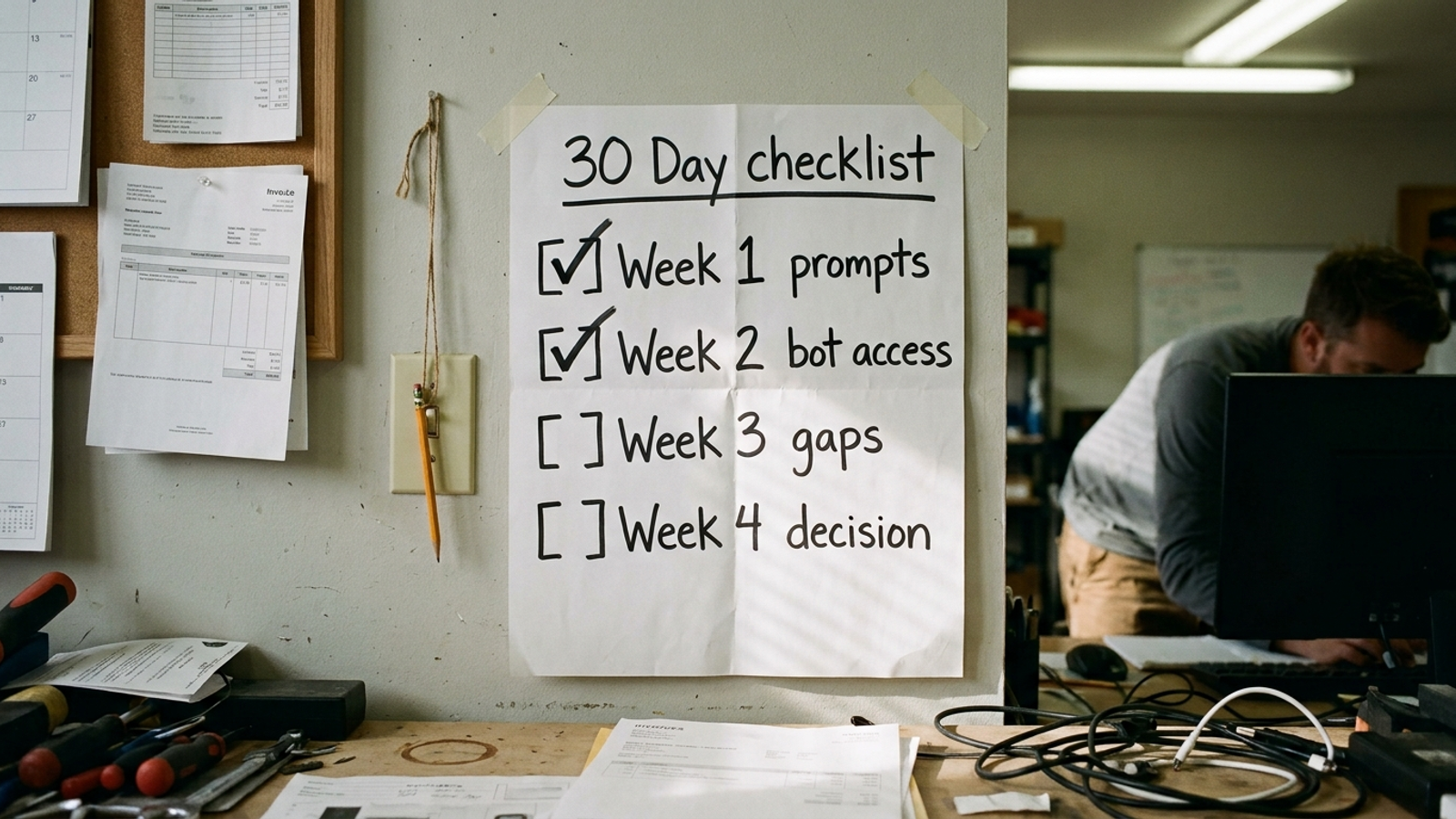 A taped paper checklist on a workshop wall with weeks one to four checked off by hand
