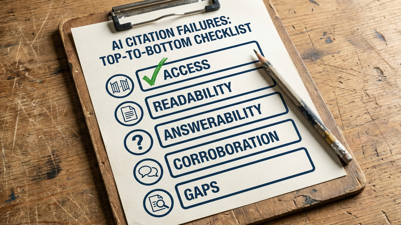 Infographic checklist showing the five citation failure stages in order, from access to gaps