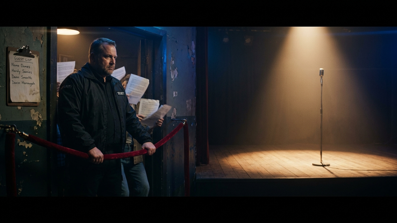 A bouncer holds back a crowd while an empty stage waits behind him
