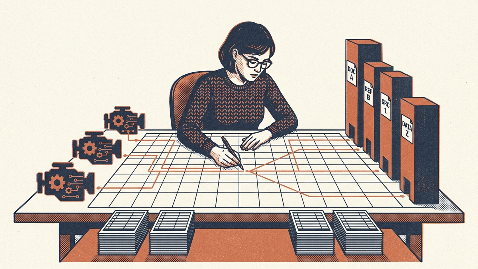 An analyst mapping citation paths to dominant third-party domains on a drafting table.