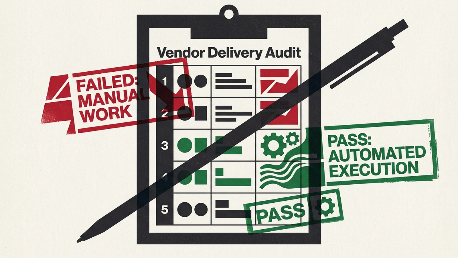 Clipboard checklist with five qualification questions and red and green verification stamps.