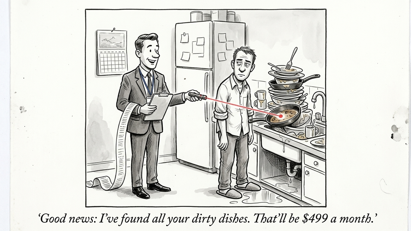Cartoon of a consultant laser-pointing at a man's pile of dirty dishes and handing him an invoice, without washing a single plate.