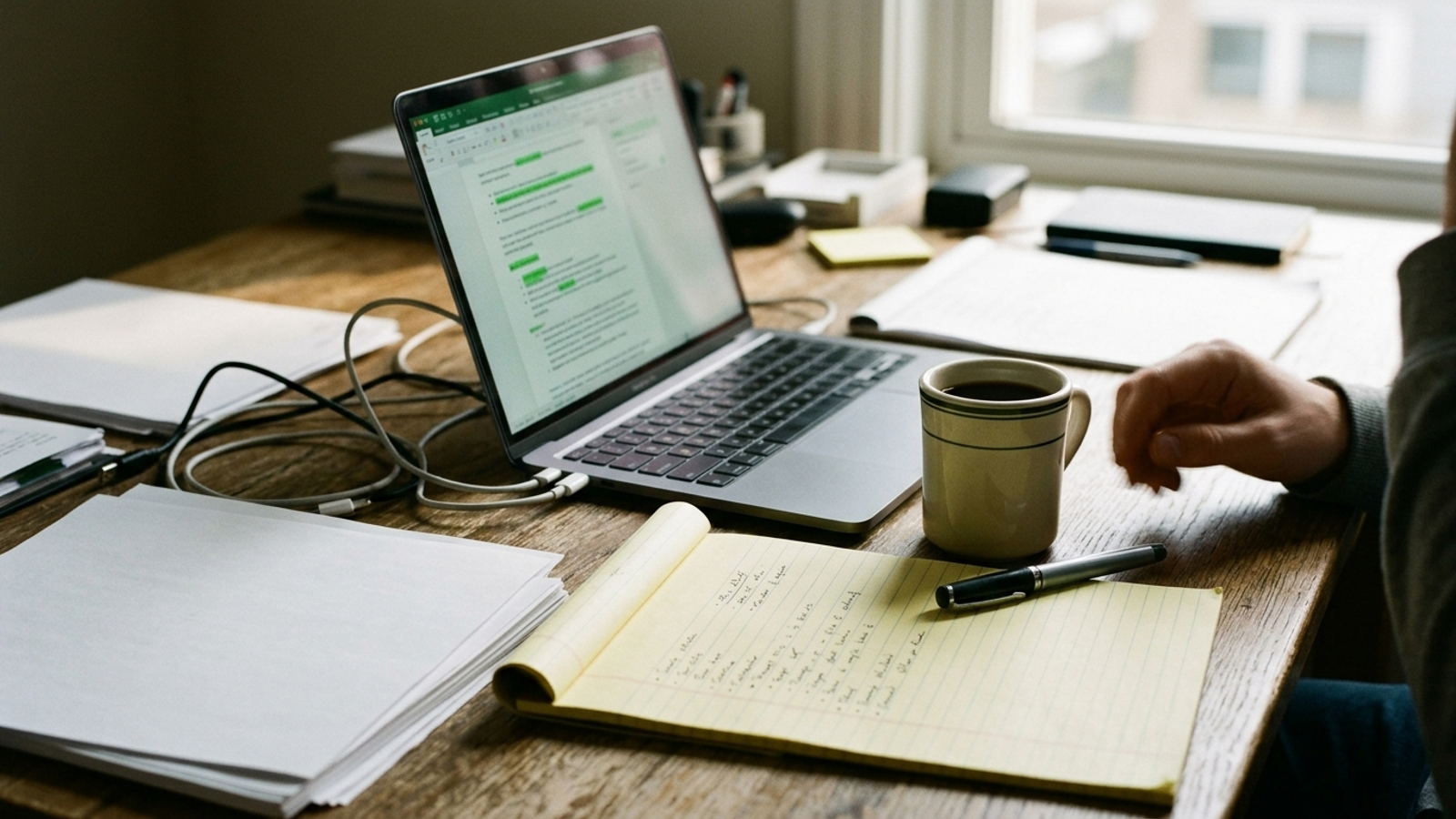 An open sales call transcript on a laptop sits beside an espresso cup and handwritten notes.