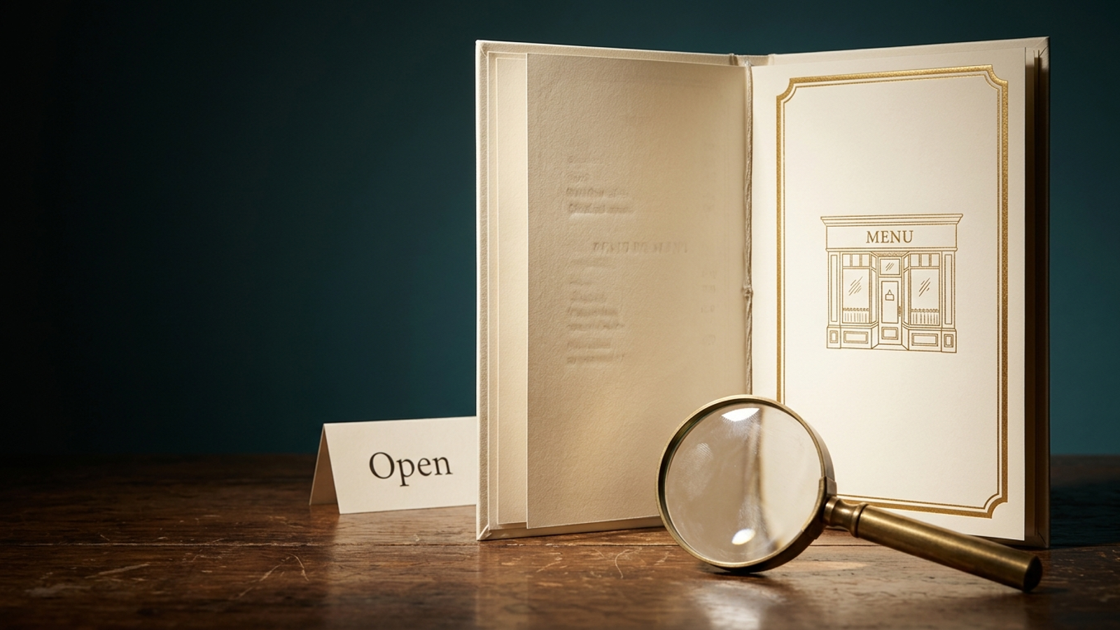 An elegant restaurant menu with a gold-embossed cover whose inner pages are blank under a magnifying glass: the site looks fine but bots read nothing.