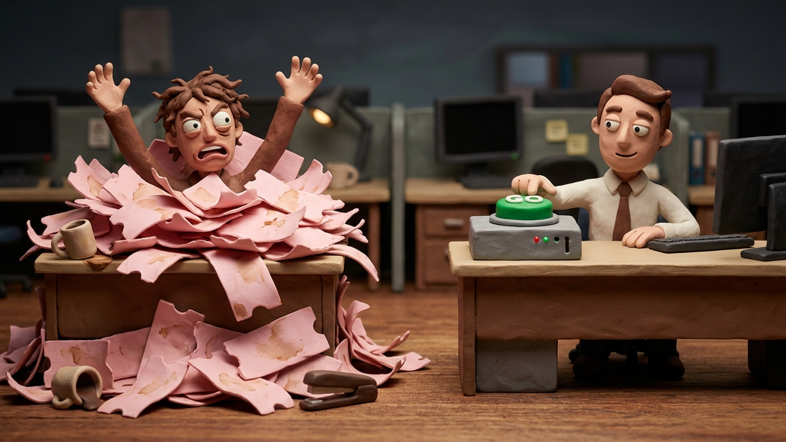 Clay marketer buried under paper tickets beside another figure shipping site fixes