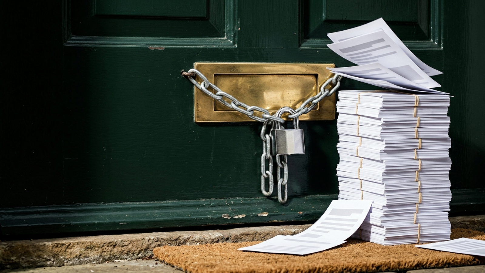 A towering stack of printed articles piles up beneath a chained, padlocked letterbox: more content can't get through a locked door.