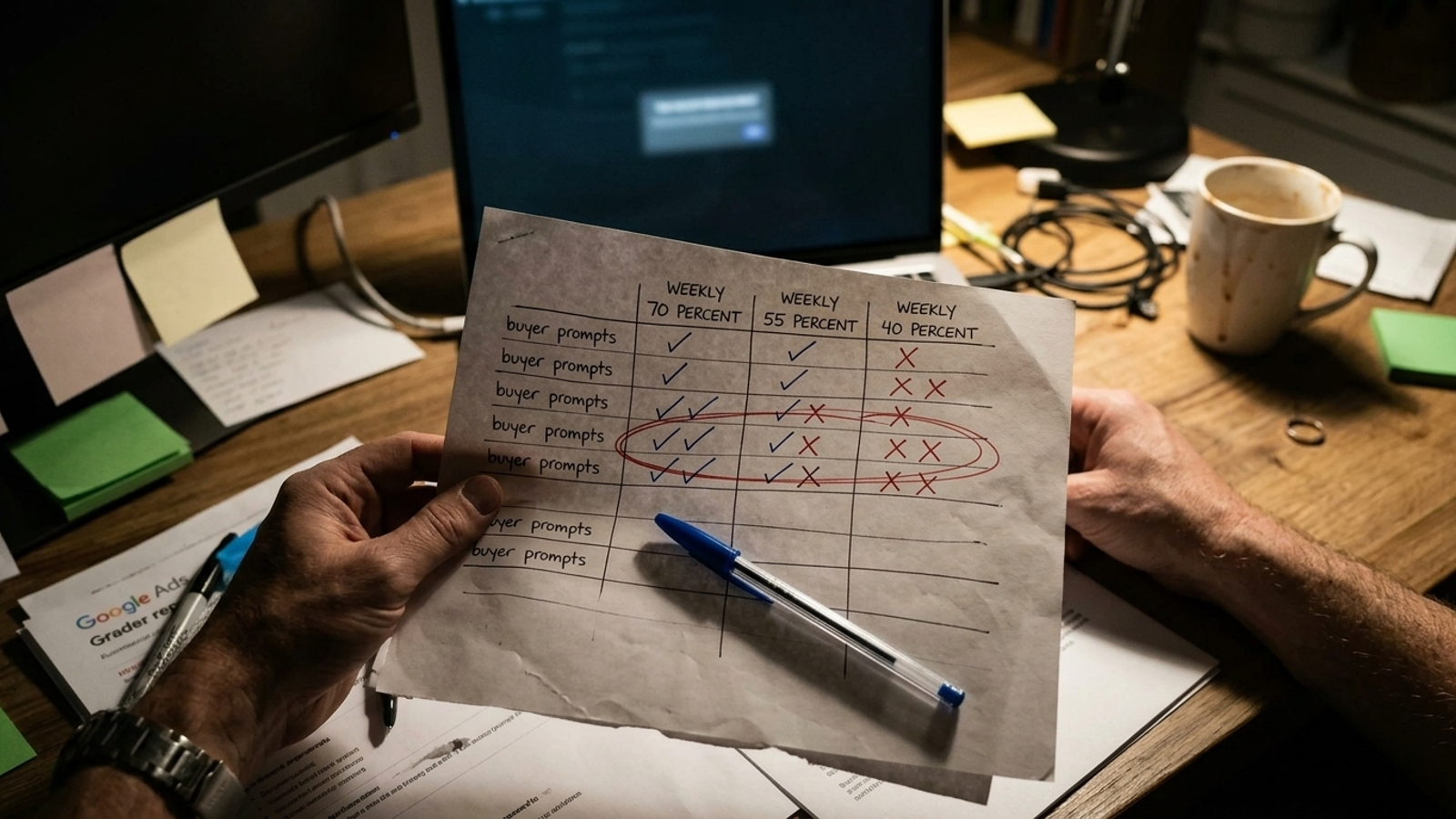 Hand-drawn tracking sheet showing brand citation frequency falling from 70% to 40% over three weeks