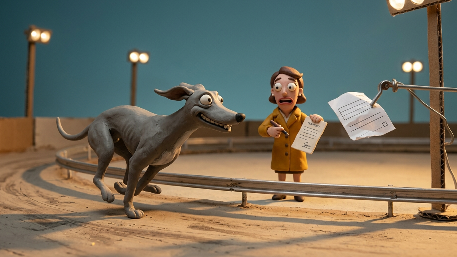 Clay greyhound races after a paper form on a lure, dashing past a clay customer holding out a signed contract: the algorithm chases forms, not buyers.