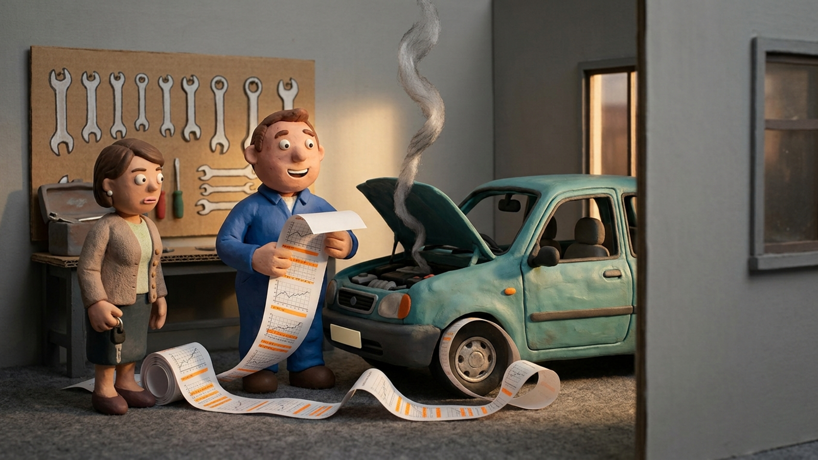 Clay mechanic proudly hands a customer a huge report while her car smokes untouched and his tools hang unused: diagnosis without repair.